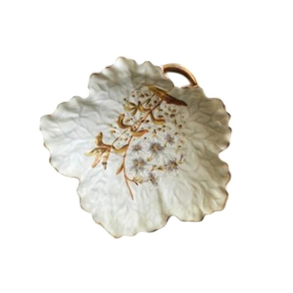 Antique Victoria Carlsbad Austria Porcelain Leaf Platter Gilded Floral Tray - Picture 4 of 11